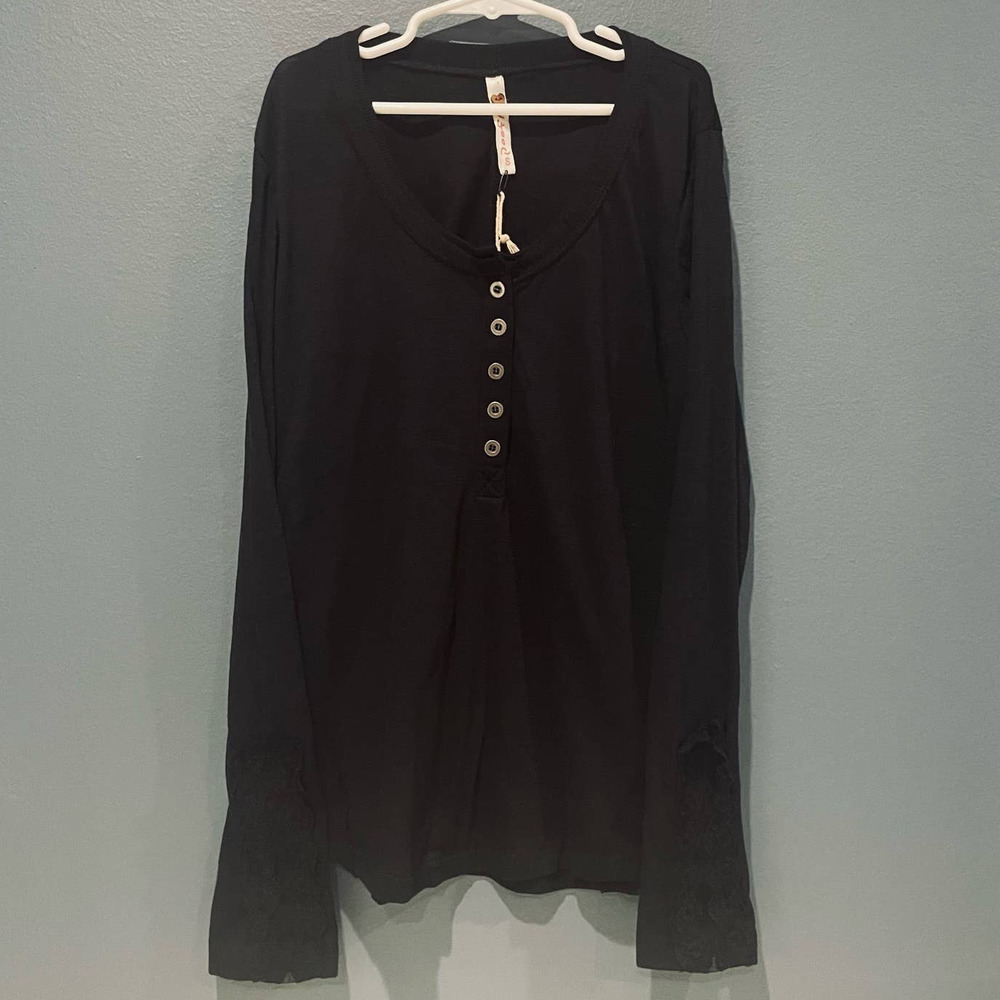 Poof Girl Top Size S 7-8 Black 100% Cotton Long Sleeve Henley Lace Detail NWT
